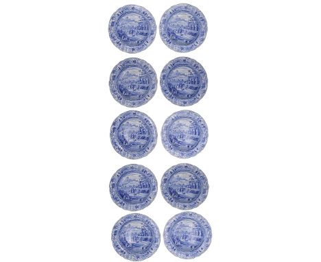 A set of ten early 19th century Spode Caramanian Series 'City of Corinth' pattern blue and white transfer decorated soup plat