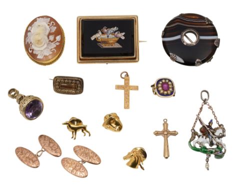 19th century and later jewellery to include a Grand Tour micromosaic panel broochfirst the rectangular black hardstone inlaid