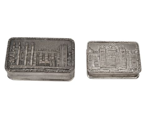 Two modern silver 'castle top' snuff and pill boxesfirst London, 1979 by S J Rosethe hinged lid decorated in relief with News