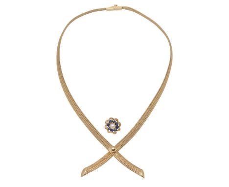 A 9ct yellow gold mesh link cross-over collar necklace, centring on either a cultured pearl and sapphire cluster or alternati