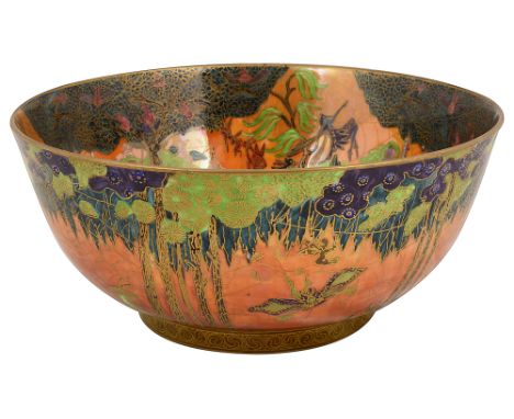 A Wedgwood Fairyland Flame Lustre bowl, designed by Daisy Makeig-Jones c.1925the interior decorated in the 'Jumping Faun' pat