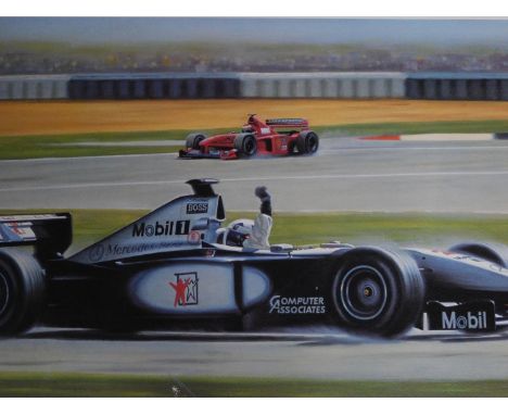 A framed Gerald Coulson signed print of 'Coulthards Finest Moment' signed by the artist and by the racing driver David Coulth