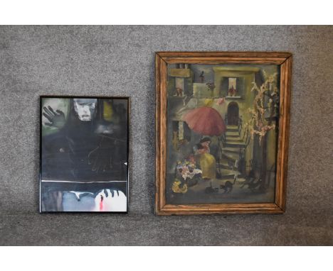 An framed oil on canvas by Jerrold Davis, Continental school courtyard scene and a framed and glazed oil on acrylic, portrait