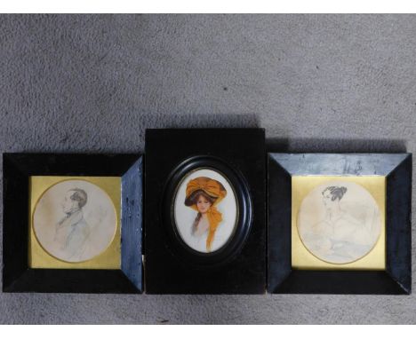 A pair of framed and glazed sketches of a nobleman and woman together with a framed and glazed print of a lady by Archie Gunn