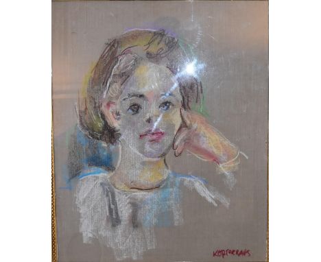 A large framed and glazed pastel portrait of a young girl, signed. H.70 x 60cm 