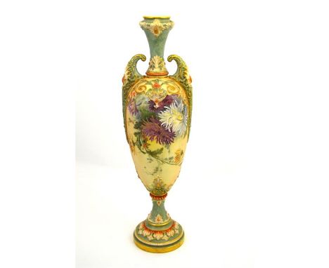 A Royal Worcester vase, with hand painted enamelled chrysanthemum decoration on a blush ivory ground. Circa 1900. Printed mar