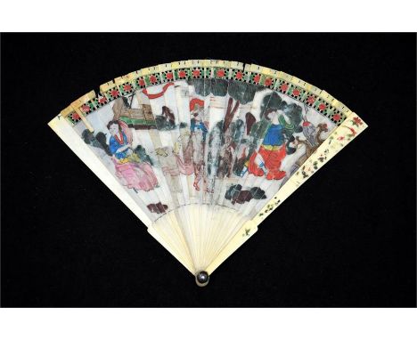 λ A rare, small and naively decorated 17th century Chinese Brisé  fan. Hand painted to both sides with scenes of western figu