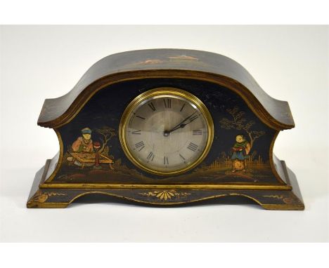 A Victorian wooden clock with gilt and enamel decoration, depicted oriental scenes. Height 15cm.