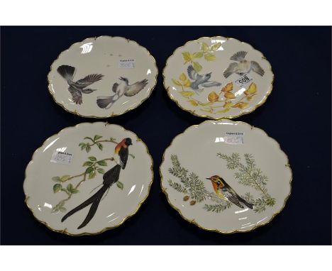 Four Royal Worcester Dorothy Doughty dessert plates, blue-grey gnatcatchers 1974, blackburnian warbler & western hemlock 1975