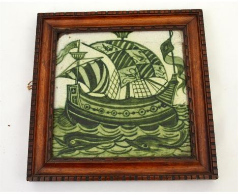 A William De Morgan tile, decorated with a galleon. Framed. Impressed marks. Dated 1898. 15cm x 15cm.