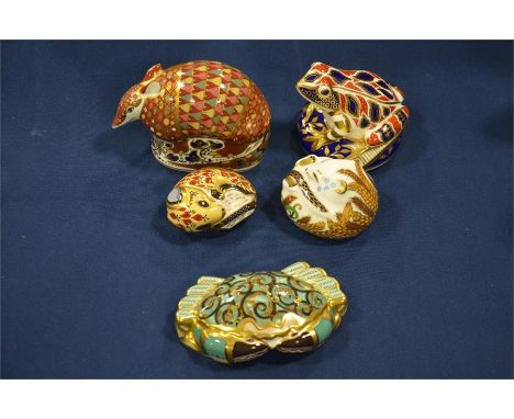 Five Royal Crown Derby paperweights, Cromer Crab, Dormouse, Country dormouse, Armadillo and Frog. Cromer Crab signed with cer