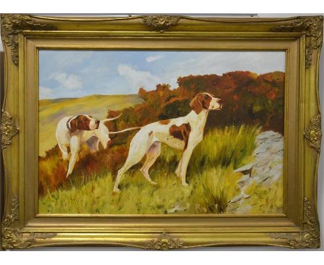 † Marilyn Rees (contemporary), a study of a pair of foxhounds, oil on canvas, signed and gilded frame. 49cm x 75cm. Also two 