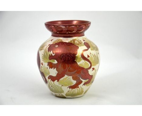 A William de Morgan vase, with a ruby and gold lustre glaze by Joe Hersey, decorated with a lion, leopard and panther. Circa 