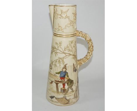 A Royal Worcester blush ivory ewer, decorated with elves plaining and measuring a door. Puce printed marks, shape number 1047