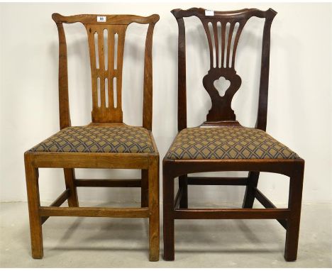 A George III elm country Chippendale side chair and a similar mahogany chair. 96cm. (2)