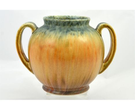 A Ruskin Pottery twin handled brown and sage crystalline vase,1933. Impressed marks and W. Howson-Taylor. Height 17cm.