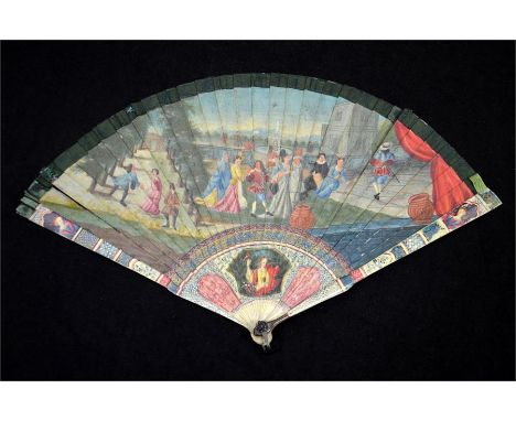 λ An early 18th Century 'Vernis Martin' fan, the ivory sticks painted with figures in a formal garden landscape and by a lake