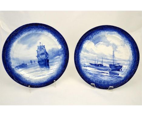 Two Royal Crown Derby blue and white cabinet plates, decorated with sailing ships by W. Dean. Dated 1896. Impressed and print