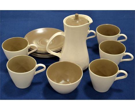 A Poole Pottery coffee set, comprising six cups and saucers, milk jug, sugar bowl and coffee pot. (15)