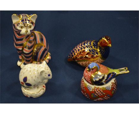 Four Royal Crown Derby paperweights, Partridge, Cat, Nesting Chaffinch and Harvest Mouse. Partridge signed with certificate a