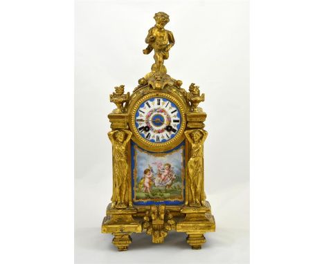 A 19th century French gilt metal and Sevres style porcelain mantle clock, circular blue celeste dial painted with flowers abo
