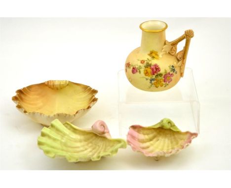 Four pieces of Worcester shell dishes and a jug, including three Royal Worcester shell dishes and a blush ivory jug, one shel