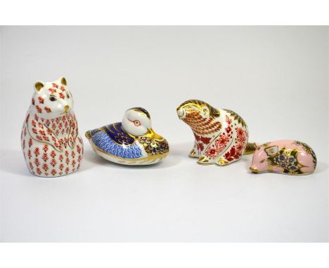 Four Royal Crown Derby paperweights, Plumstead Piglet, Beaver, Duck and a Hamster. All with gold stoppers and boxes. (4)