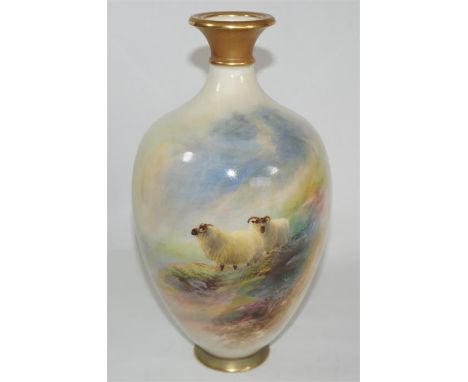 A Royal Worcester vase, decorated with sheep, signed by H Davis. Date code 1909. Puce printed marks. Height 18.5cm.