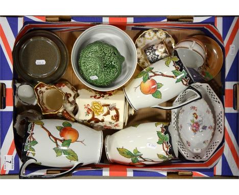 A mixed tray lot of pottery, including an Aynsley coffee can and saucer, three large Imperial Porcelain 'Peaches' Jugs, two J