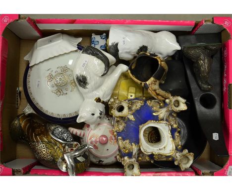 A mixed tray lot of pottery, including a part Royal Albion tea set, cat figures and tea pots. (40+)