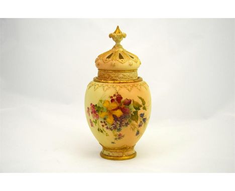 A Royal Worcester pot pourri with inner lid, blush with floral decoration. Date code for 1906. Height 25cm.