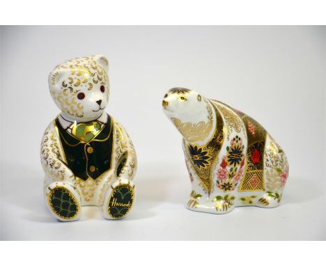 Two Royal Crown Derby paperweights, Harrods Teddy and Imari Polar Bear. All with gold stoppers and boxes. (2)