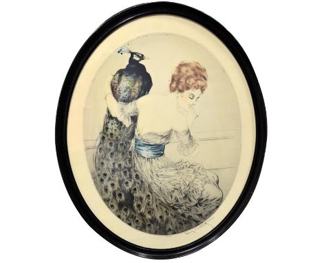 † Louis Icart (French, 1880-1950), Girl with Peacocks, art deco etching, circa 1920s, framed and glazed. 52cm x 39cm.