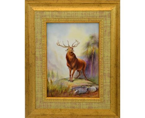 A hand-painted stag plaque signed by Paul English, formerly of Royal Worcester. 17cm x 12cm.