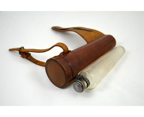 A tapered glass and metal mounted hunting spirit flask, with leather case. Length 21.5cm.