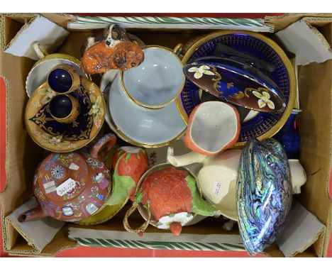 A mixed tray lot of pottery, including three Royal Worcester hand painted dishes, Royal Stafford cups and saucers, Royal Crow