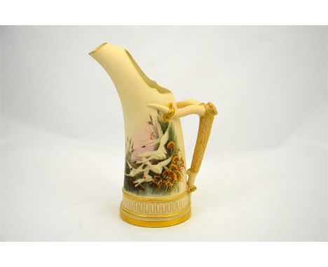 A Royal Worcester tusk jug, decorated with flying swans on an ivory ground. Attributed to Baldwin. Circa 1890's. Height 24cm.