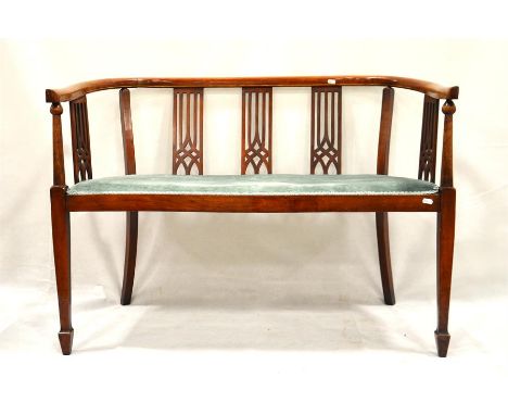 A mahogany two seat sofa to square tapered legs. Height 76cm.