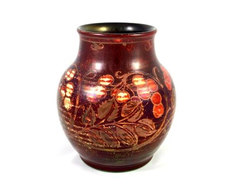 A Pilkingtons Royal Lancastrian lustre vase, painted with cherries and leaves. Signed by William S Mycock, incised by Edward 