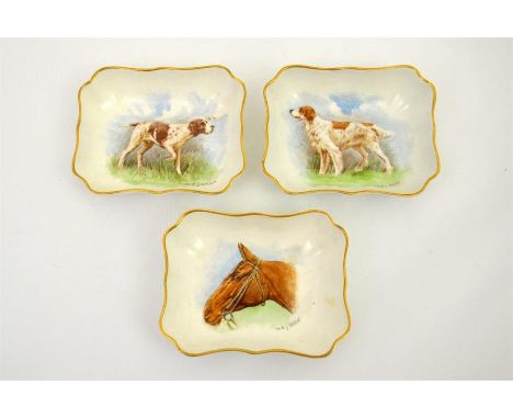 Three Royal Crown Derby hand painted trinket dishes, decorated with dogs and a horse. All signed Dean. Printed marks. Height 