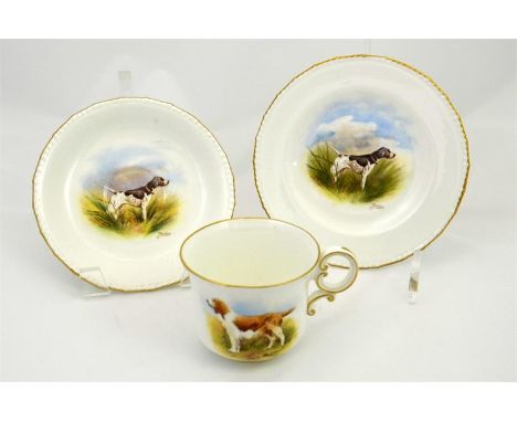 A Royal Crown Derby trio, decorated with spaniels. Circa 1950. All signed J. Barlow. Diameter 15.5cm. (3)