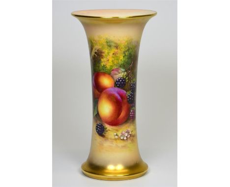 A Royal Worcester spill vase, with fruit decoration, gilding to rim and base, signed H. Ayrton. Printed marks. Shape number G