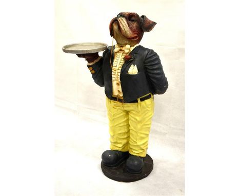 A Bull Dog butler dumb waiter statue with tray. A resin figure that provides a comical portrait of the jowly monocled dog, dr