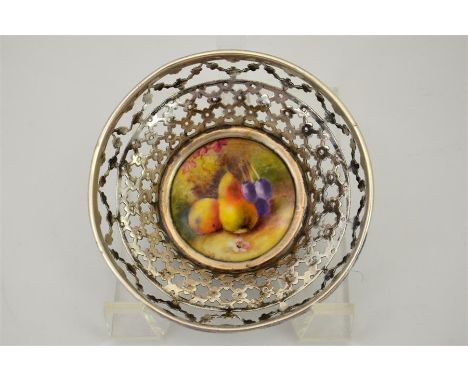 A Royal Worcester silver mounted bon bon dish, with fruit decoration. Signed by Ricketts. Date code for 1912. SIlver mark Bir