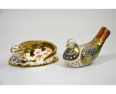 Two Royal  Crown Derby paperweights, Crocodile and a Millennium Dove. Both with gold stoppers and boxes. (2)