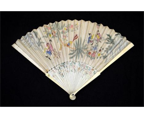 λ An early 18th century Chinoiserie fan, with plain ivory guards and sticks, the sticks painted grapes and vine. Double paper