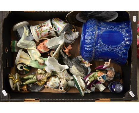 A mixed tray lot of pottery, including Royal Doulton resin figures, a Dresden cup and saucer, four modern Royal Worcester snu