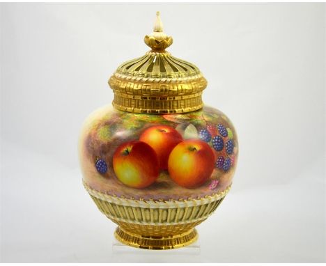 A Royal Worcester pot pourri decorated with fallen fruit on a mossy bank. Signed H Ayrton with printed black marks. Height 26