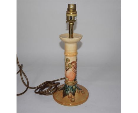 A Moorcroft 'Finches' lamp base. Printed and impressed marks. Height 21cm (excl. fitting). First quality.
