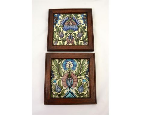 A William De Morgan tile panel, decorated with a Persian flowering foliage. Framed separately. Impressed marks. Circa 1890. 1